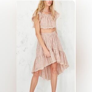 LoveShackFancy Eyelet Hi Low Ruffle Skirt Pink M